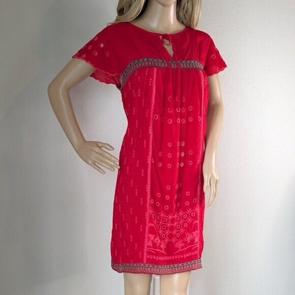 Johnny Was Dress Women's Small Red Eyelet Embroidered Scalloped V-Neck Babydoll - Picture 1 of 16